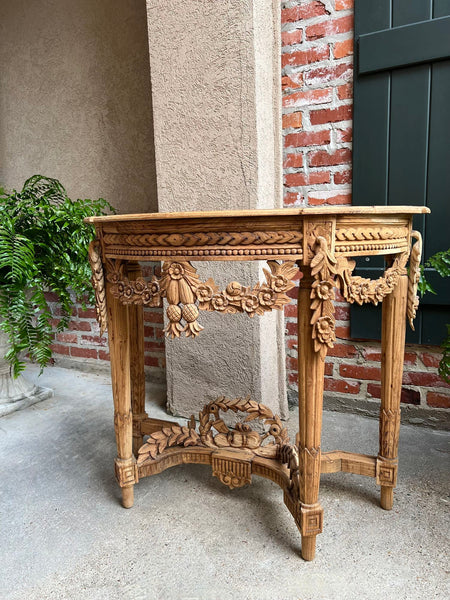 Antique French Louis XVI Console Table Foyer Demilune Carved Bleached Wood c1890