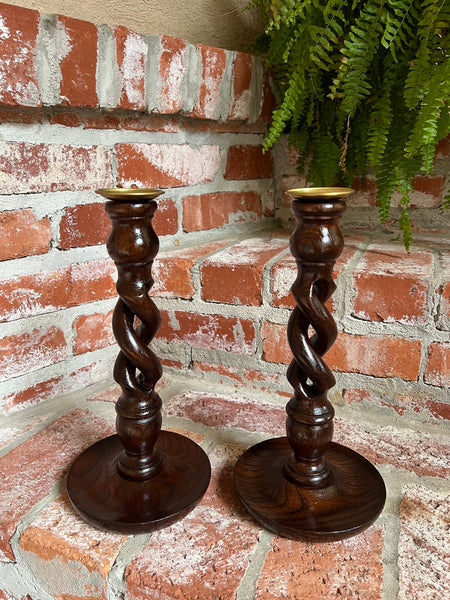 PAIR Set Antique English Oak OPEN Barley Twist Candlesticks Candle Holder Brass