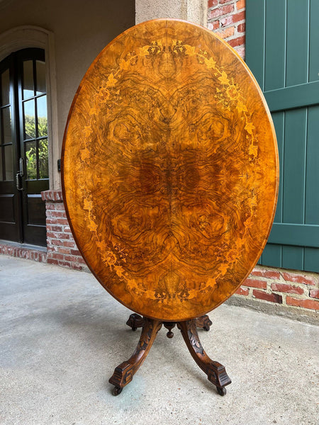 Antique English Center Breakfast Table Burl Walnut Tilt Top Inlaid Oval c1890