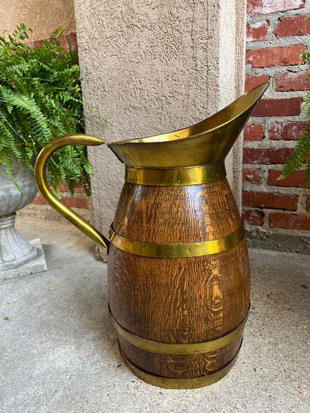 Antique Large French Country Oak Pitcher Brass Band Wine Barrel Umbrella Stand