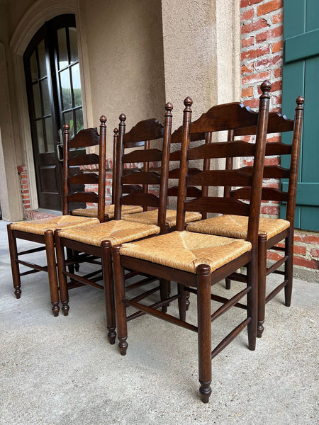 Vintage English Dining Chairs Set 6 Oak Ladder Back Rush Seat Woven