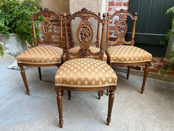 Set 4 Antique French Louis XVI Salon Chairs Petite Dining Parlor Carved Walnut