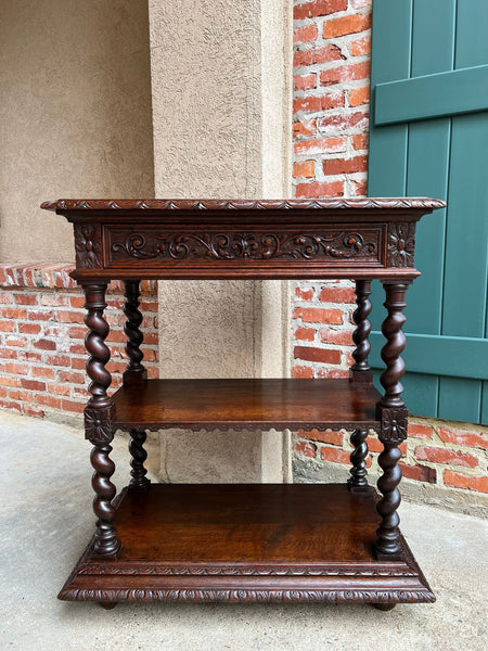 Antique English Server Console Table Jacobean Carved Oak Barley Twist c1900