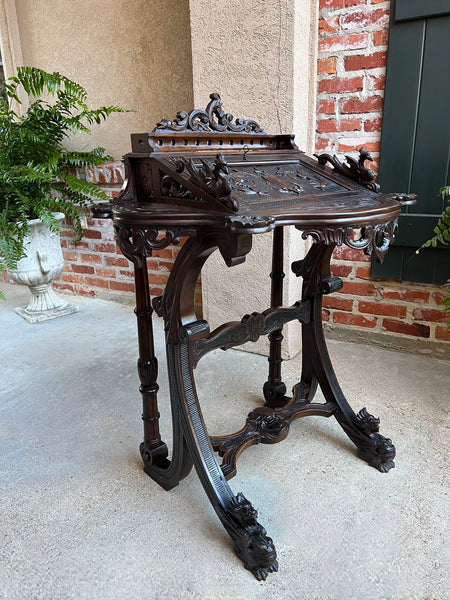 Antique French Writing Desk Secretary Black Forest Carved Oak Renaissance c1890