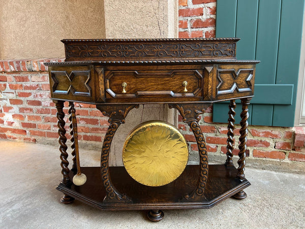 Antique English Console Hall Table Jacobean Carved Oak Barley Twist Gong c1880