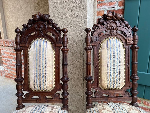 Pair Antique French Dining Chairs Renaissance Carved Oak Black Forest c1880