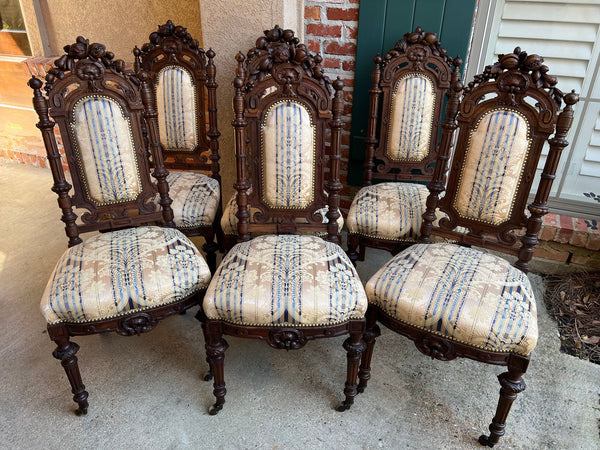 Set 6 Antique French Dining Chairs Renaissance Carved Oak Black Forest c1880
