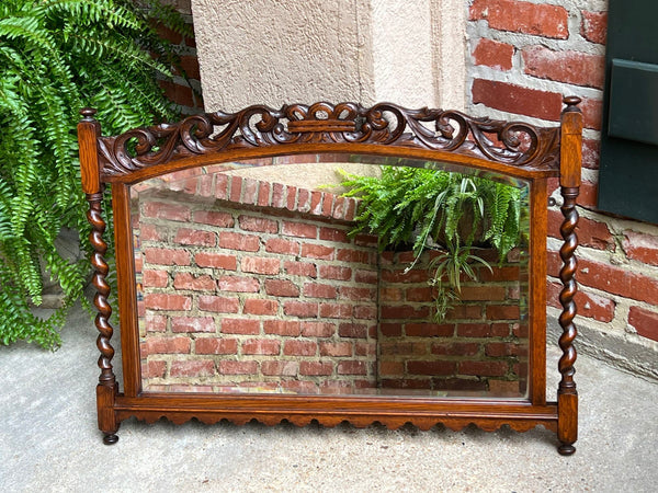 Antique English Carved Oak Wall Mirror Barley Twist Arched Top Frame Jacobean
