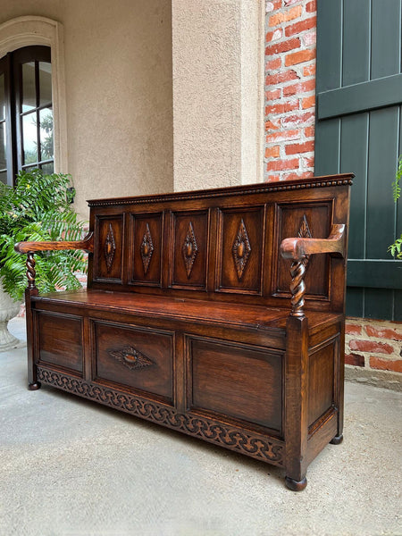 Antique English Hall Bench Carved Oak Barley Twist Jacobean Lift Top Settee