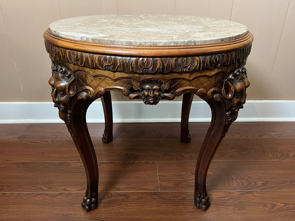 Antique French Renaissance Revival Center Table Round Marble Carved Walnut c1900