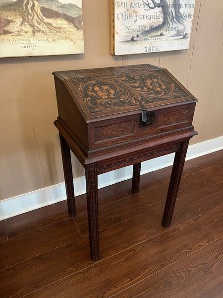 Antique English Slant Top Bible Box Desk Stand Jacobean Carved Oak Lectern c1890