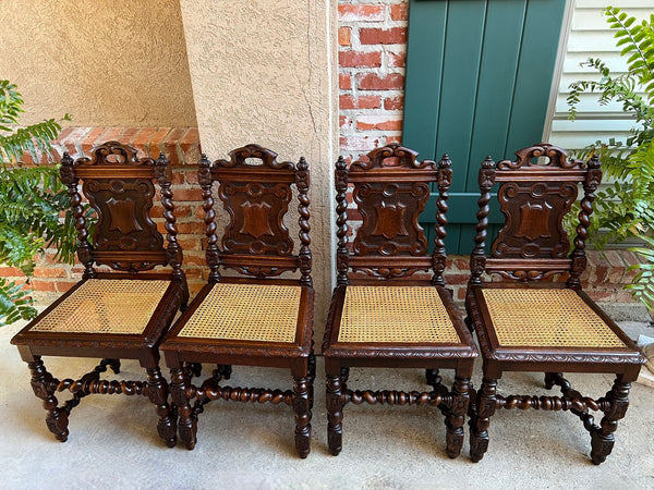 Set 4 Antique French Dining Chairs Barley Twist Cane Seat Carved Oak c1920