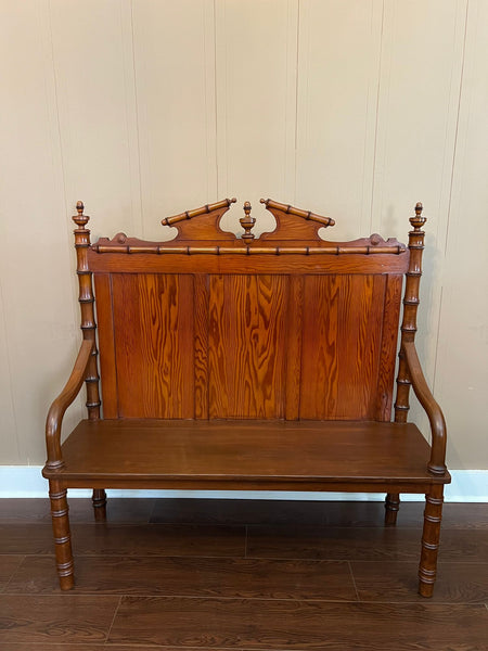 Antique English Faux Bamboo Pine Hall Bench Victorian High Back Settle c1890