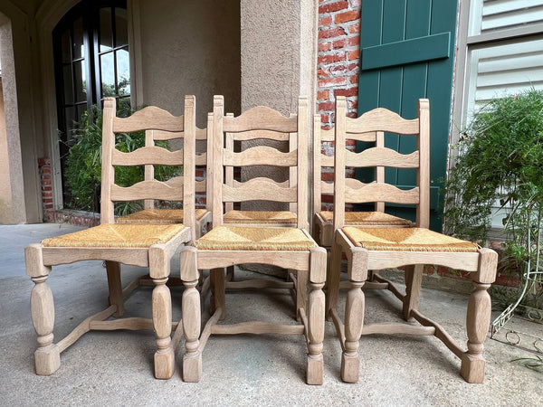 Set 6 Vintage French Ladder Back Dining Chairs Rush Seat Bleached Oak Farmhouse