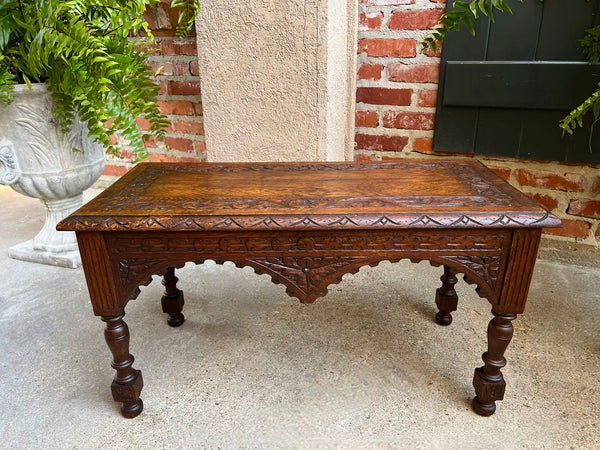 Antique French Bench Stool Gothic Renaissance Coffee Table Carved Oak c1890