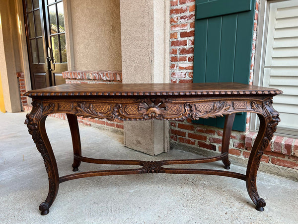 Antique French Center Library Table Louis XV Carved Oak Rococo Parquetry c1890