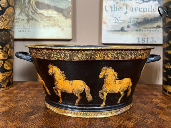Antique English Planter Jardiniere Horse Equine Black Decoupage Tole Metal c1900