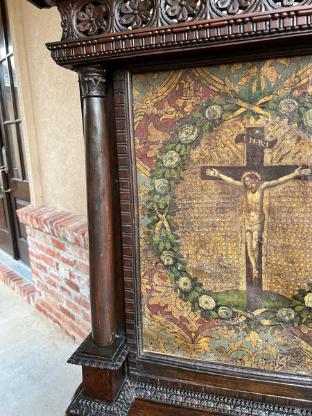 Antique French Gothic Devotional Cabinet Religious Painting Carved Oak Kneeler