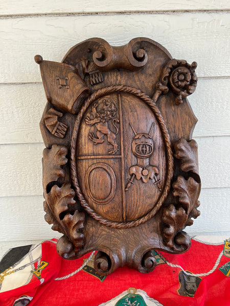 Antique French Gothic Wall Plaque Coat of Arms Carved Oak Renaissance c1890