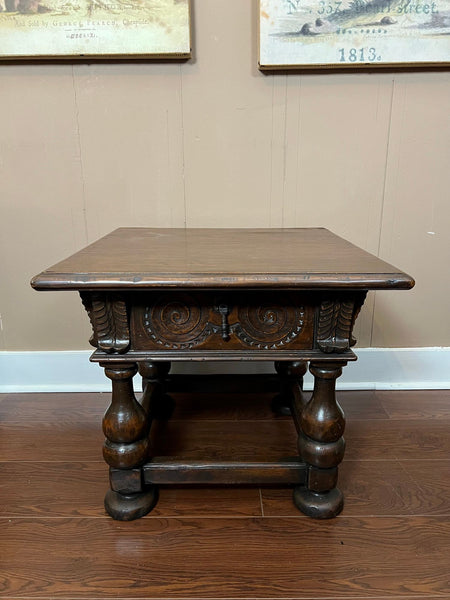 Antique English Side End Table Small Square Carved Oak Jacobean Revival c1910