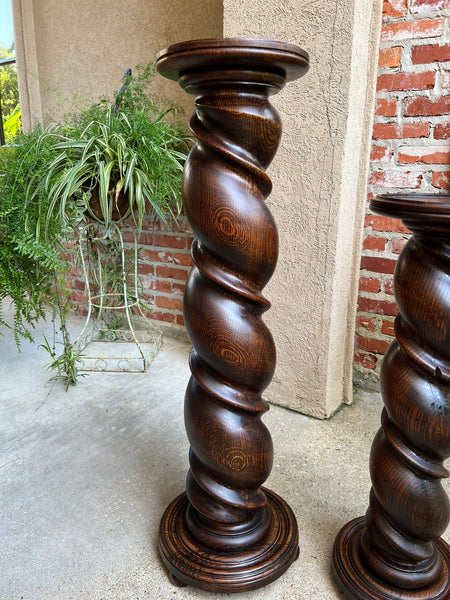 PAIR Set of 2 Antique French Pedestal Stand BARLEY TWIST Oak LARGE Plant Columns