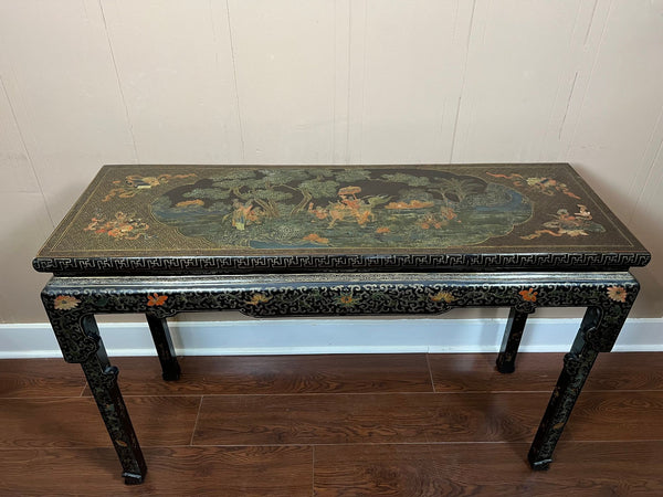 Vintage Chinese Console Table Black Lacquer Chinoiserie Gilt Hand Painted c1950