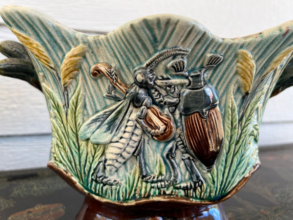 PAIR Antique French Majolica Jardinières Insect Musician Cache Pot Planter c1880