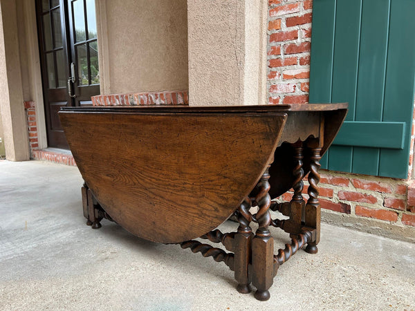 Antique English Wake Dining Table Drop Leaf BARLEY TWIST Jacobean Oak Console