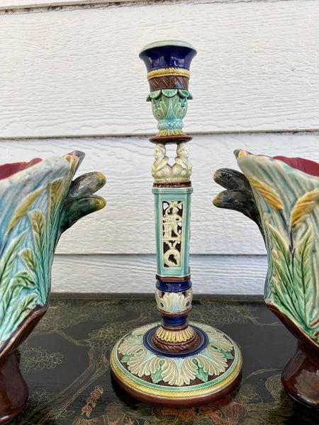 Antique English Wedgwood Majolica Candlestick Candle Holder Cinque Cento c1876