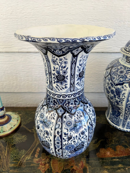 Vintage Large Delft Trumpet Vase Blue and White Floral Boch Royal Sphinx Urn