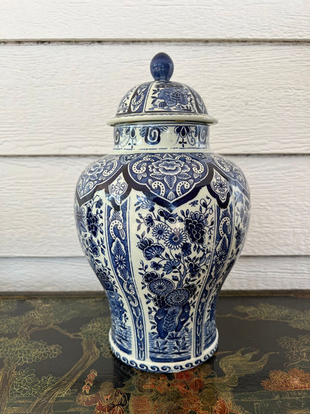 Vintage Large Delft Ginger Jar Vase Blue & White Floral Royal Sphinx Lidded Urn