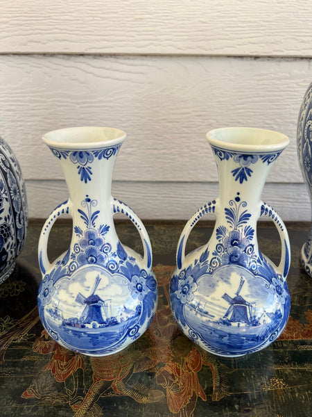 PAIR Petite Vintage Delft Vases Blue & White Windmilll Hand Painted Bud Vases