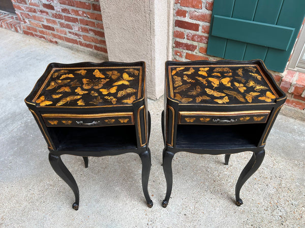 PAIR French Bedside Cabinets Chinoiserie Butterfly Gilt Lacquer Tables