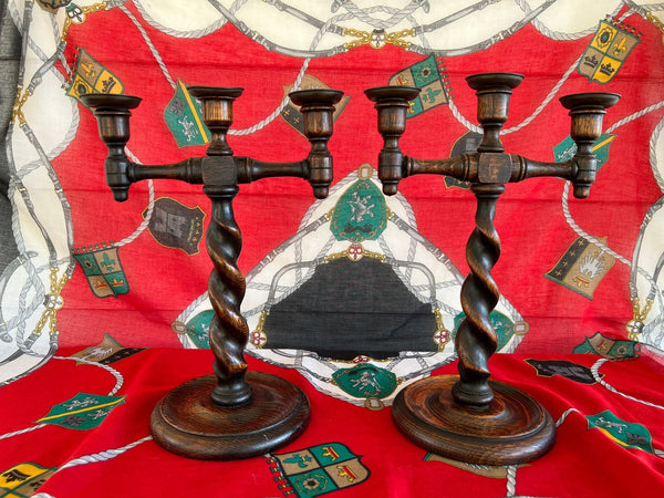 PAIR Antique English Oak Barley Twist Candlesticks Candelabras Candle Holders