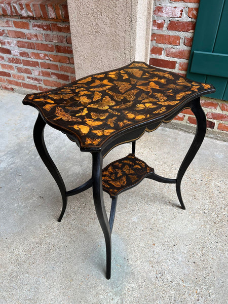 Vintage French Side Table Chinoiserie Butterfly Black Lacquer Hollywood Regency