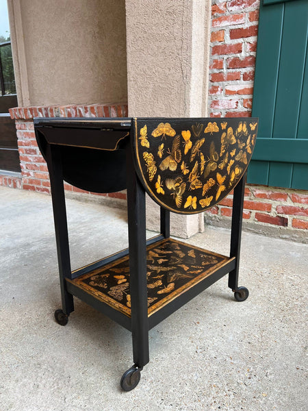 Vintage English Bar Cart Trolley Drop Leaf Chinoiserie Butterfly Lacquer Table