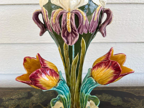Antique French Majolica Vase Centerpiece Onnaing Art Nouveau Iris Tulip c1900