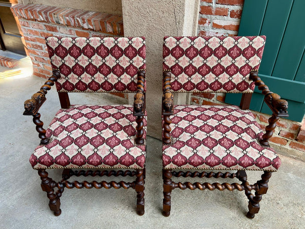 Pair SET Antique French Arm Chair Barley Twist Oak Renaissance Lion Fleur De Lis