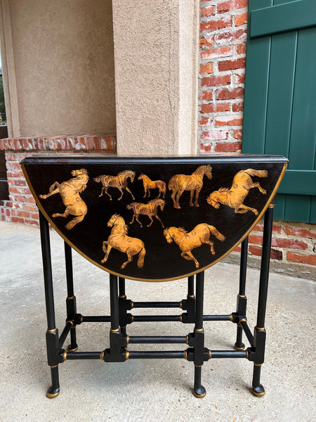 Antique English Drop Leaf Side Table Horse Equestrian Chinoiserie Petite Oak