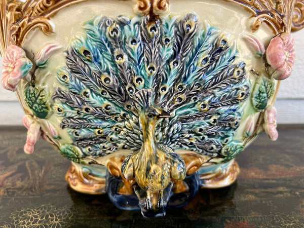 Antique French Majolica Jardinière Planter Peacock Onnaing Large Cache Pot c1880