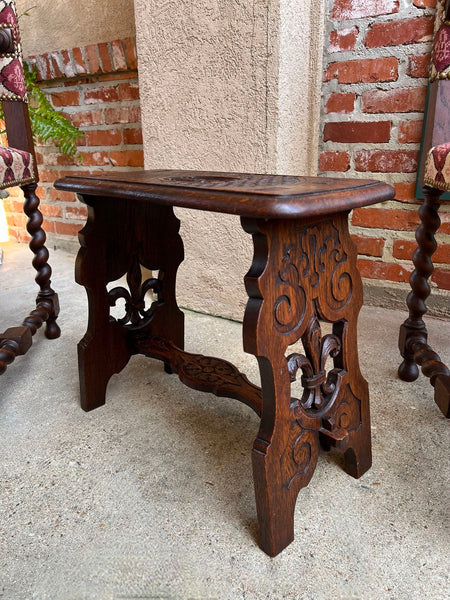 Antique French Bench Stool Gothic Renaissance Carved Oak Trestle Fleur de lis