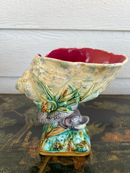 Antique Majolica Vase Bowl Dolphin Nautilus Shell English Royal Worcester c1870