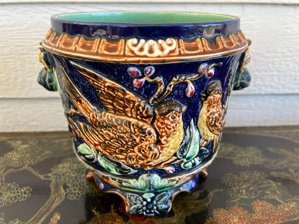Antique Majolica Bird Planter Cache Pot Jardinière Cobalt Blue Wasmuël c1890