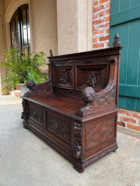 Antique French Hall Bench Breton Brittany Small Settee Carved Oak Lion Pew