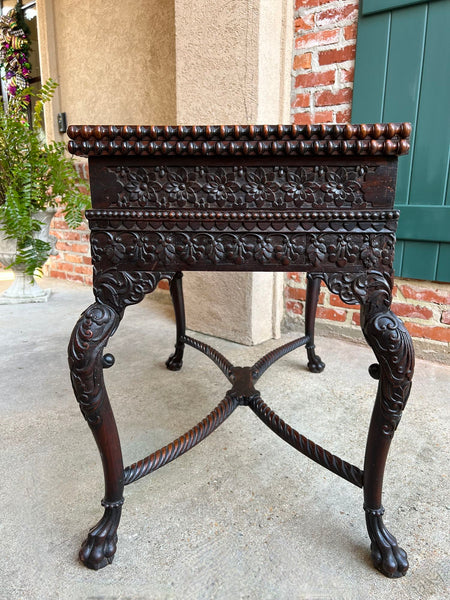 Antique Foyer Hall Table British Colonial Carved Wood Leather Flip Top Burmese