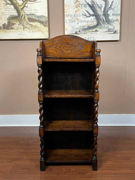 PETITE Antique English Bookcase Bookshelf Barley Twist Tiger Oak Display c1920