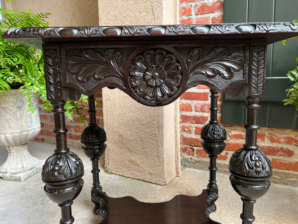 Antique English Side Sofa Table Ebonized Carved Oak Baroque Two Tier Tudor