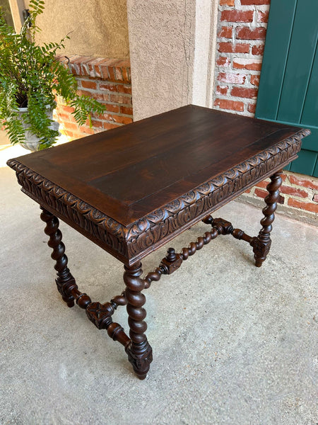 Antique French Sofa Table Writing Desk Barley Twist Carved Oak Renaissance