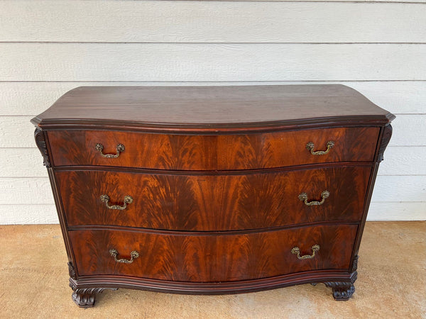 Antique Georgian Revival Chest of Drawers Flame Mahogany Serpentine Carved c1940