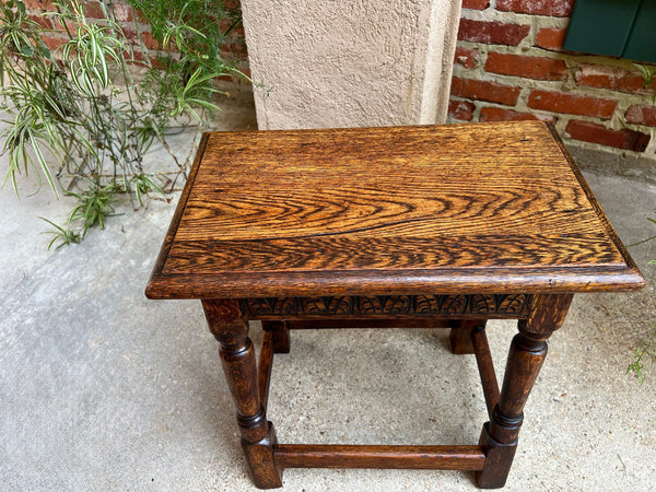 Antique English Footstool Bench Joint Stool Carved Oak Jacobean Stand c1900